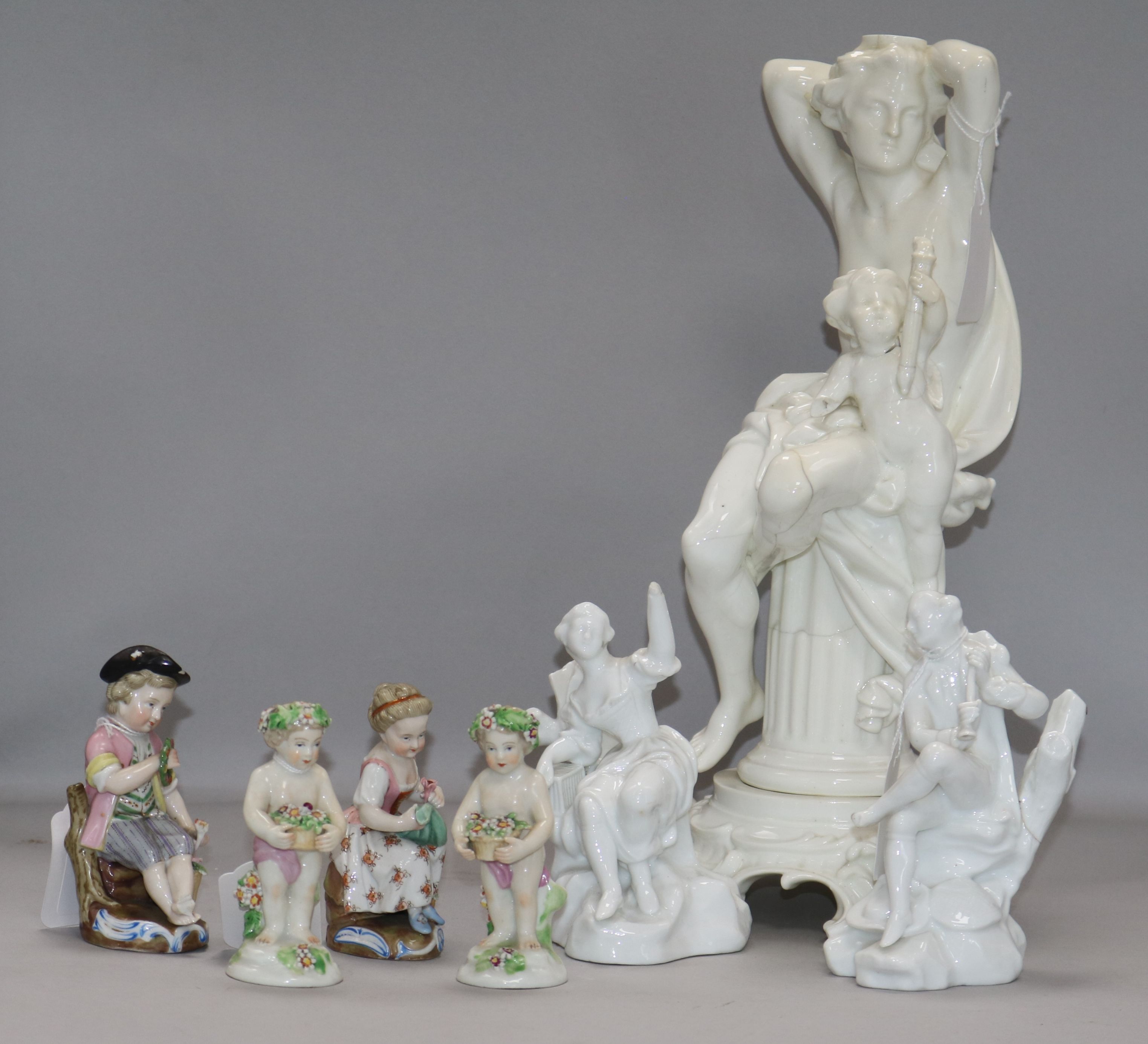 A group of Continental porcelain figures, comprising a blanc-de-chine figural lamp base, a pair of