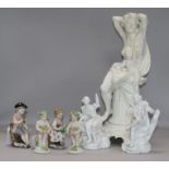 A group of Continental porcelain figures, comprising a blanc-de-chine figural lamp base, a pair of