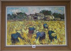 Noparat, 2 oils on canvas, farmers harvesting and fishermen with lobster pots, signed and dated