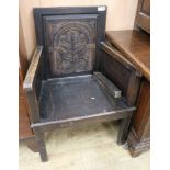 An oak chair with carved panel back W.72cm (a.f.)