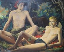 Hubert Wets, oil on canvas, boys in a landscape, signed and dated '45, 93 x 113cm