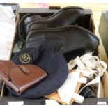 A collection of mixed Military accessories, boots, hat, belts etc