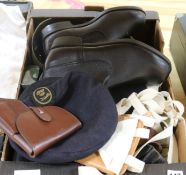 A collection of mixed Military accessories, boots, hat, belts etc