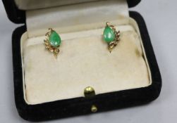 A pair of 14ct gold and jadeite earrings.