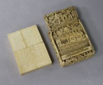 A 19th century Cantonese ivory card case carved with Napoleon's house and tomb, 11cm (a.f) and an