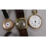 Two early 20th century 9ct gold wrist watches and a 14ct gold fob watch.