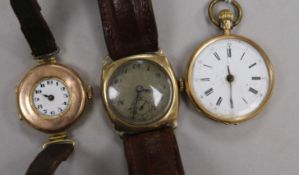 Two early 20th century 9ct gold wrist watches and a 14ct gold fob watch.