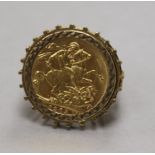 A 1903 gold full sovereign mounted in a 9ct gold ring mount, size Q.