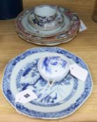 A small collection of Chinese Export ceramics, including a tea bowl and saucer, a blue and white