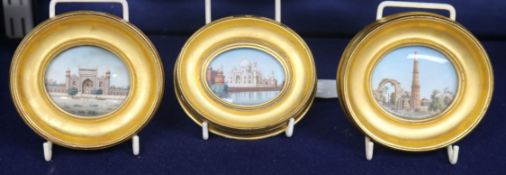 A set of three Indian oval miniature watercolours on ivory, depicting the Taj Mahal, The Entrance to