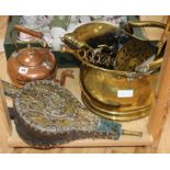 A copper kettle and brass wares etc