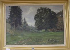 Harald Pryn, oil on canvas, wooded landscape, signed and dated Sandbjog 1926, 49 x 72cm