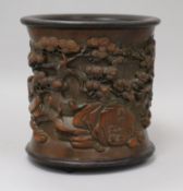 A Chinese bamboo and wood 'sagos' brushpot height 17cm