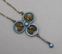 An early/mid 20th century Norwegian 930 white metal gilt and enamel drop pendant necklace, pendant