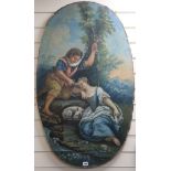 Continental School, oil on canvas, shepherd and shepherdess beside a stream, oval, 106 x 63cm,