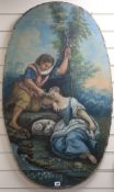 Continental School, oil on canvas, shepherd and shepherdess beside a stream, oval, 106 x 63cm,