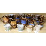 A collection of lustre jugs, creamware, etc including three Sunderland lustre jugs, one 'Mariner's