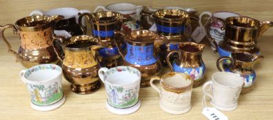 A collection of lustre jugs, creamware, etc including three Sunderland lustre jugs, one 'Mariner's