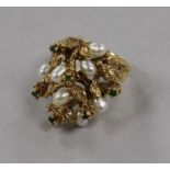 A 1970's? 14ct gold, cultured pearl and emerald set rustic dress ring, size M.