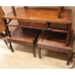 A pair of Chinese hardwood square coffee tables and another similar rectangular table W.106cm and