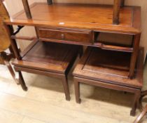 A pair of Chinese hardwood square coffee tables and another similar rectangular table W.106cm and