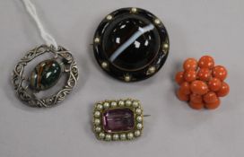 A Victorian yellow metal, enamel, seed pearl and banded agate brooch (af) and three other brooches