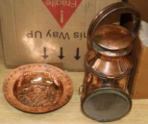 A copper lamp, a dish, wrought iron fire dogs etc.