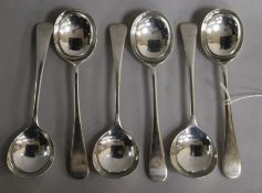 A set of six silver soup spoons, crested, Birmingham 1935, makers: Barker Bros., 15.5oz gross