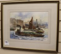 George Shaw, watercolour, shipping on The Thames, signed, 27 x 38cm
