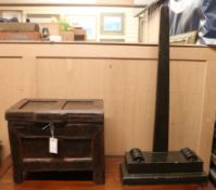 A large wooden charger stand and box. box W.42cm stand W.40cm