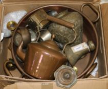 A collection of metalware, including two copper two-handled preserve pans, a warming pan, various