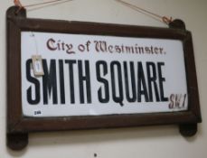 A 20th century City of Westminster street sign, 'Smith Square SW1', in wooden frame, dating from the