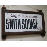 A 20th century City of Westminster street sign, 'Smith Square SW1', in wooden frame, dating from the