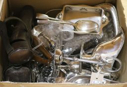 A plated egg waiter, a pair of plated gravy boats and sundry plated items, including loose flatware,