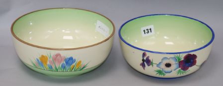 A Clarice Cliff spring crocus bowl and a pansies bowl largest diameter 22cm