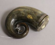 An early 19th century Scottish white metal and horn snuff mull, 83mm.