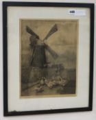 Mary Kemp Welch, etching, geese beside a windmill, signed in pencil, 32 x 25cm