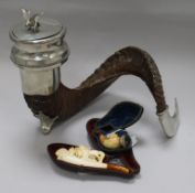 An Edwin Blyde pewter-mounted ram's horn snuff mull and two cased Meerschaum cheroot holders with