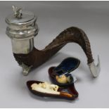 An Edwin Blyde pewter-mounted ram's horn snuff mull and two cased Meerschaum cheroot holders with