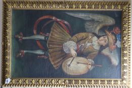 Cuzco School, oil on canvas, angel portrayed as a drummer 83 x 52cm