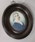 19th century English School, Miniature portrait of a young gentleman wearing a blue coat,