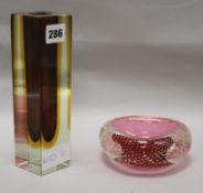 A Murano cased glass vase and a bubble included dish tallest 20cm