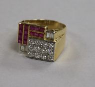 A 1950's? 18ct gold, pave set ruby and diamond cocktail ring, size O.