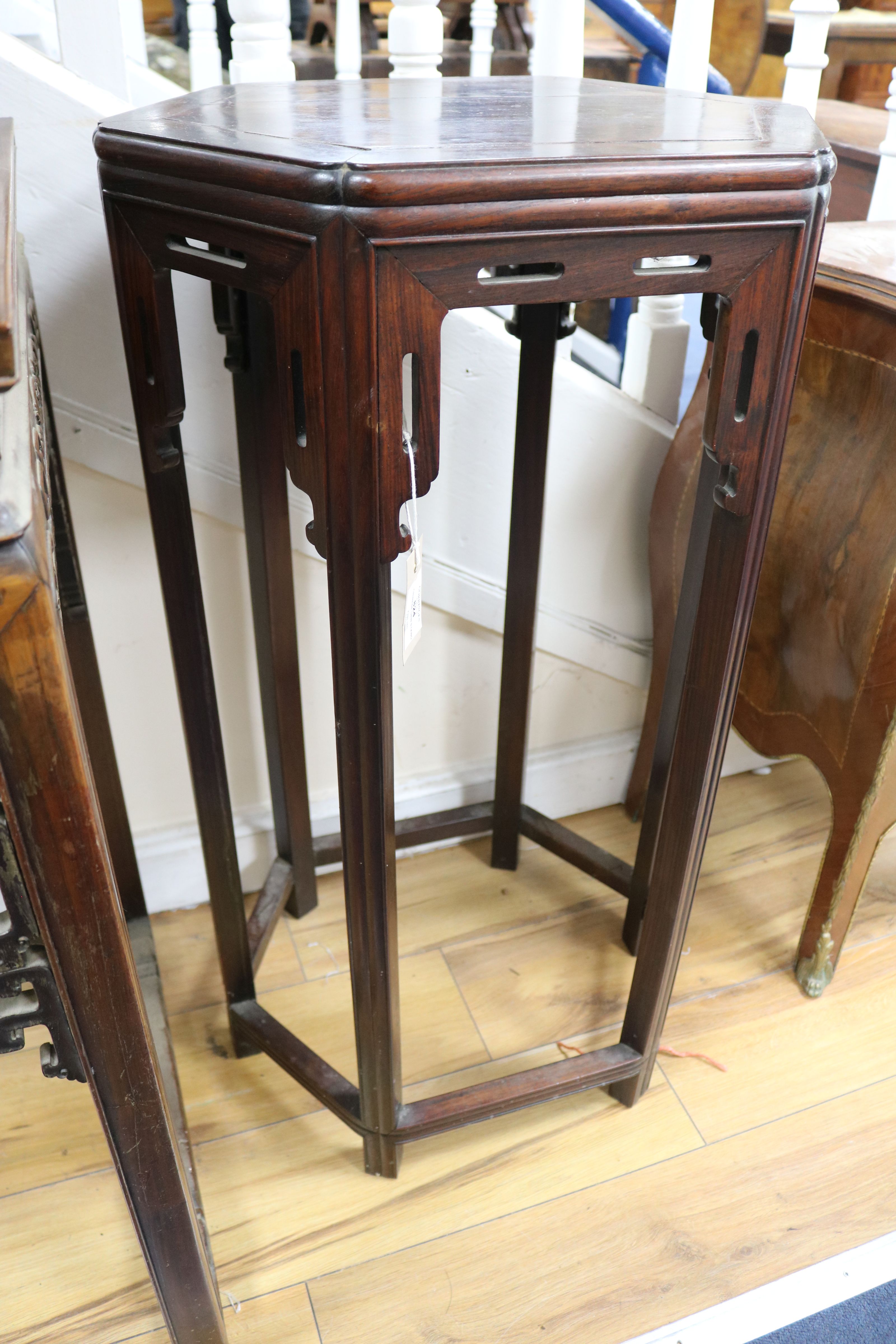 A Chinese huali wood urn stand of hexagonal form W.48cm - Image 6 of 6