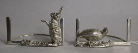 A pair of Edwardian silver novelty game mounted menu holders, Grey & Co, Birmingham, 1902, height