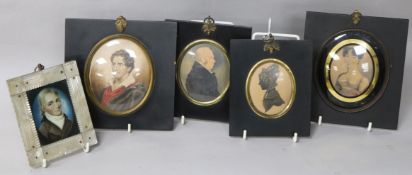 19th century French School, portrait of a young man, mother of pearl frame and four other portrait