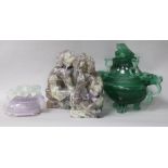 A pair of Chinese amethyst quartz lions, a crystal carving of beasts, a censer and cover.
