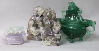A pair of Chinese amethyst quartz lions, a crystal carving of beasts, a censer and cover.
