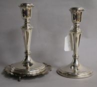 A pair of modern silver candlesticks by Carr's of Sheffield and a similar silver waiter,