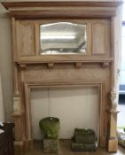 A large pine fire surround overmantel mirror W.163cm